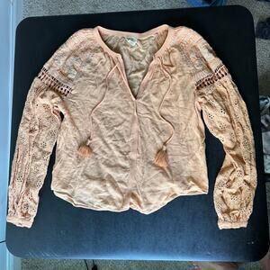 Nicole Miller Artelier Embroidered Peasant Blouse Large Eyelet Boho Orange Top